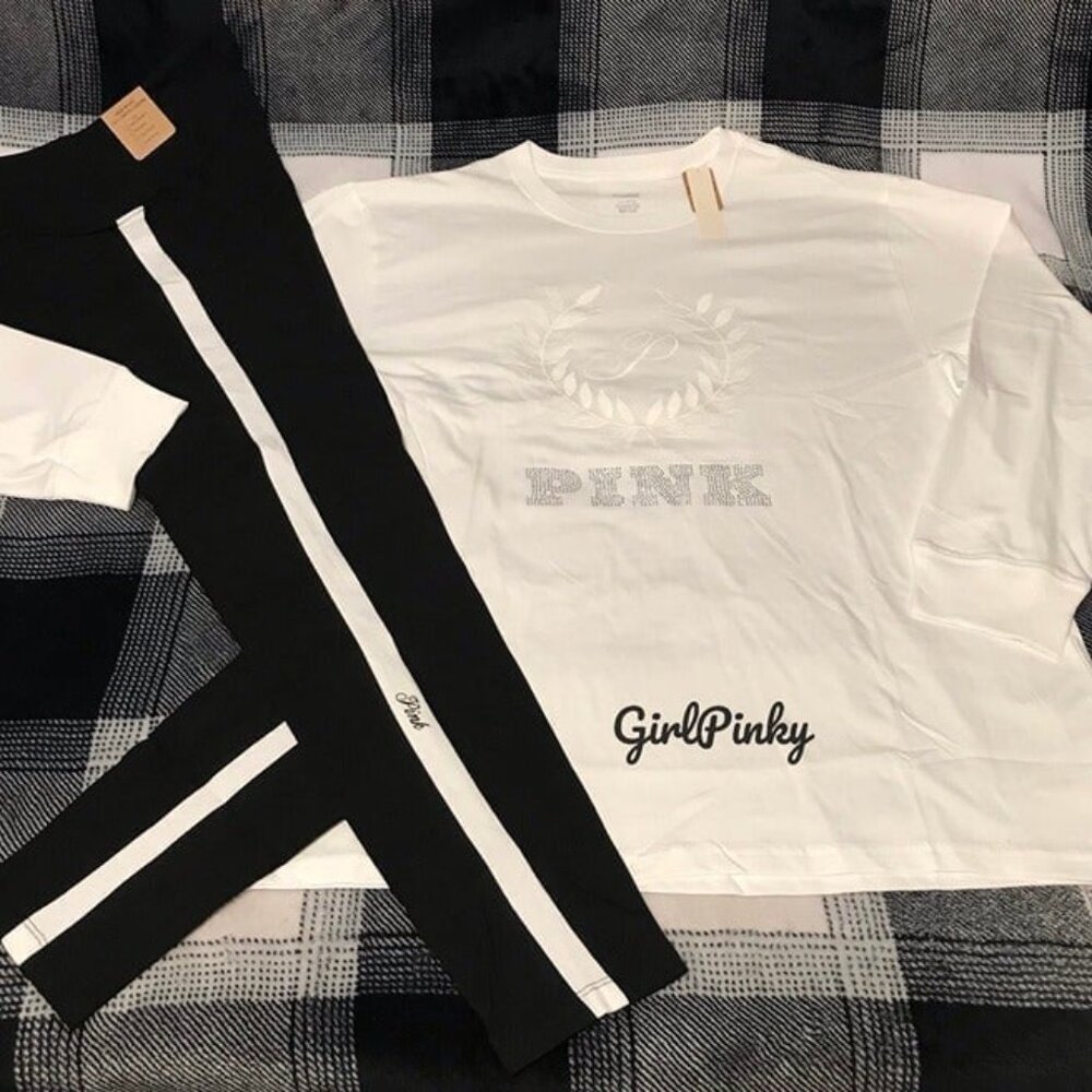 Victoria Secret PINK leggings outfit WITH BLING LOGO LONG SLEEVED CAMPUS TEE XL